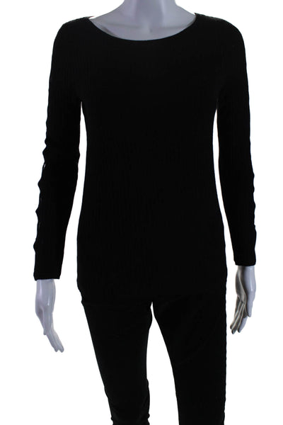 Ramy Brook Womens Textured Long Sleeve Cut Out Lined Rib Top Black Size XS