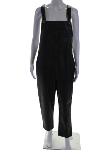 FRNCH Womens Faux Leather Button Closure Tapered Leg Overalls Black Size M