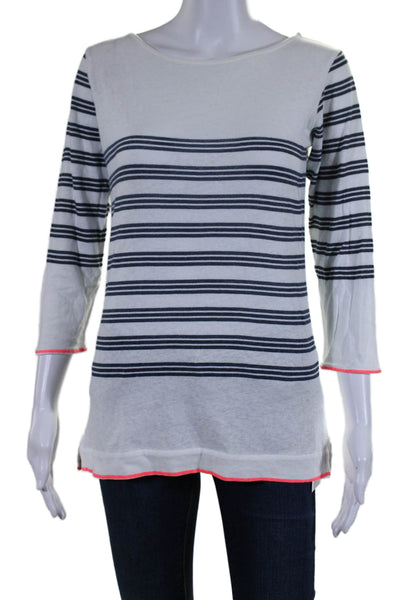 Majestic Filatures Womens Striped Long Sleeves Shirt White Navy Blue Size 2