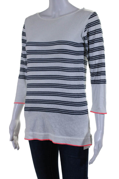 Majestic Filatures Womens Striped Long Sleeves Shirt White Navy Blue Size 2