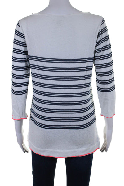 Majestic Filatures Womens Striped Long Sleeves Shirt White Navy Blue Size 2