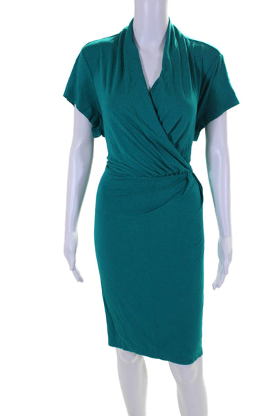 Adrianna Papell Womens Short Sleeves V Neck Belted Dress Turquoise Blue Size 12