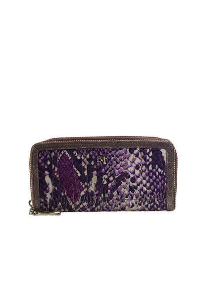 DVF Womens Leather Trim Snakeskin Print Zip Around Silver Tone Wallet Purple