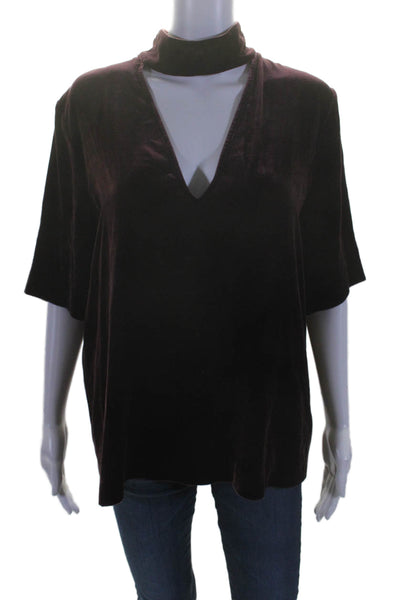 Theory Womens Velvet Cut Out High Neck Short Sleeve Blouse Top Burgundy Size M