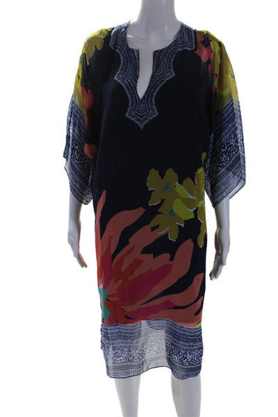 Trina Turk Womens Floral Print Short Sleeves Dress Navy Blue Multi Colored Size