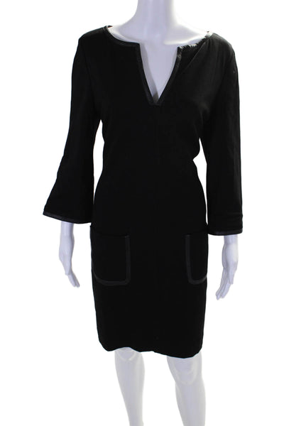 Trina Turk Womens Back Zip 3/4 Sleeve V Neck Shift Dress Black Size 6