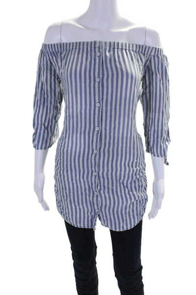 Cloth & Stone Womens Striped Long Sleeve Off The Shoulder Blouse Blue Size XS