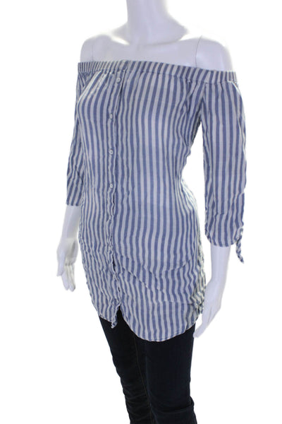 Cloth & Stone Womens Striped Long Sleeve Off The Shoulder Blouse Blue Size XS