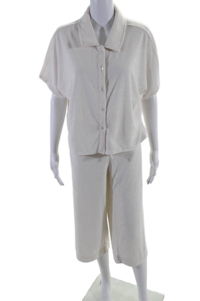 Andie Women's Collared Short Sleeves Button Up Two Piece Pants Set Cream Size XL