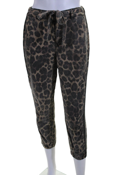 Pam & Gela Womens Animal Print Belted Mid-Rise Tapered Pants Brown Size S