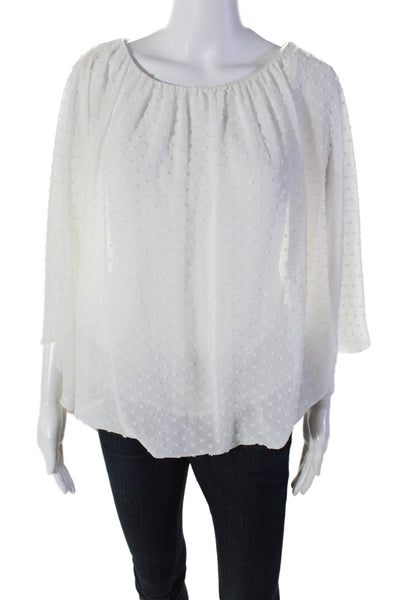 Tahari Womens 3/4 Sleeve Scoop Neck Dotted Draped Top White Size Medium