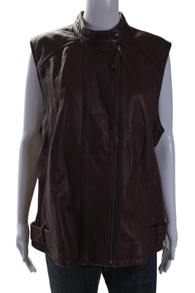Lucky Brand Womens Leather Texture Sleeveless Zip Collar Vest Jacket Burgundy Si