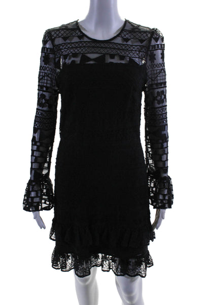 Parker Womens Back Zip Long Sleeve Tiered Mesh Overlay Dress Black Size Small