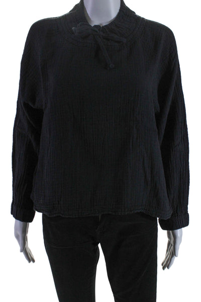 Xirena Womens Cotton Black Tie High Neck Long Sleeve Blouse Top Size XS