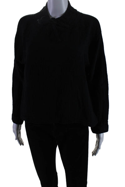 Xirena Womens Cotton Black Tie High Neck Long Sleeve Blouse Top Size XS