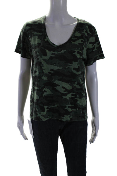 Majestic Filatures Womens Linen Camo V-Neck Short Sleeve T-Shirt Green Size 3