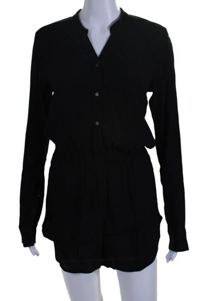 Central Park West Womens Button Front Long Sleeve Crew Neck Romper Black Small