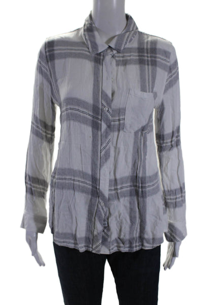 Rails Womens Plaid Collared Long Sleeve Button Up Blouse Top White Size S