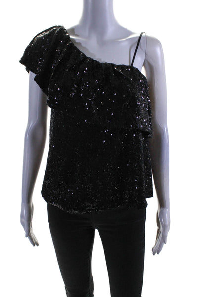 BB Dakota Womens Spaghetti Strap Ruffled One Shoulder Sequin Top Black Small