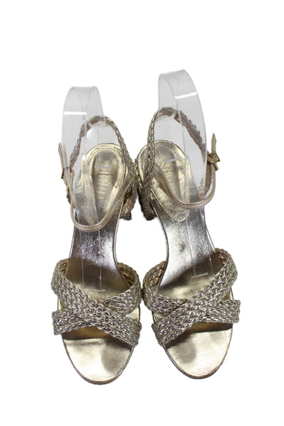Schutz Womens Leather Woven Slingbacks Sandal Heels Gold Metallic Size 5B