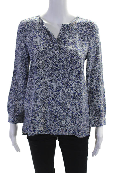 Joie Womens Silk Blue Printed V-Neck Long Sleeve Blouse Top Size XS