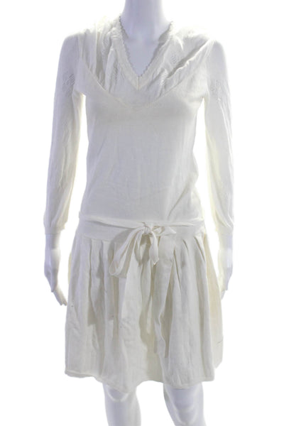 Ronny Kobo Womens White Open Knit Belt V-neck Long Sleeve Shift Dress Size S