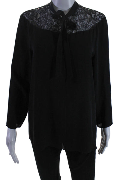 Theory Women's Round Neck 3/4 Sleeves Lace Trim Blouse Black Size M