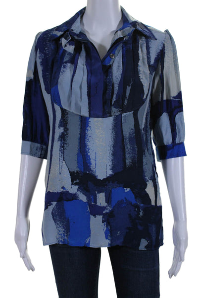 Ronny Kobo Womens Silk Striped Half Button Down Crew Neck Shirt Blue Size Small