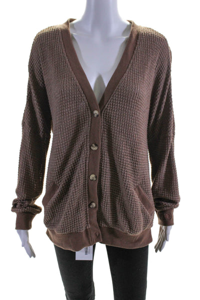 SRVD Womens Embroidered 2 Pocket V-Neck Button Up Cardigan Sweater Brown Size L