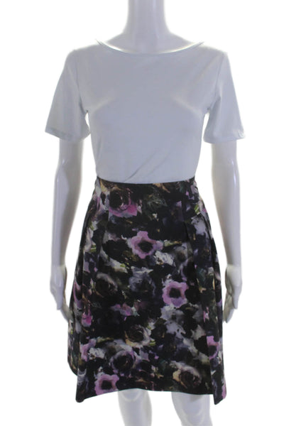 Milly Womens Cotton Pleated Zip Floral Mid Length Skirt Black Size 10