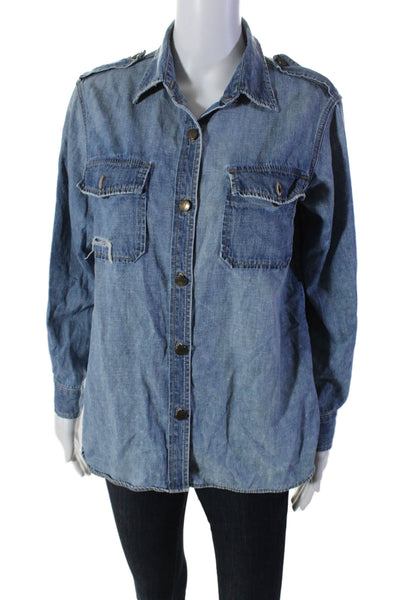 Current/Elliott Womens Collar Long Sleeve Button Denim Blouse Blue Size 2