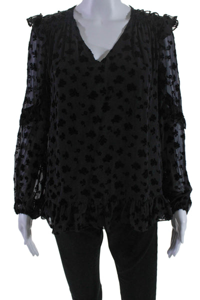 Shoshanna Womens V Neck Long Sleeve Velvet Floral Ruffle Blouse Black Size M