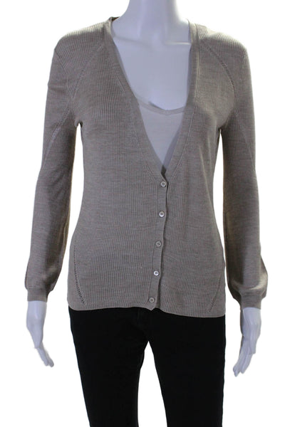 Theyskens Theory Womens Silk Knit V-Neck Button Up Cardigan Sweater Beige Size S
