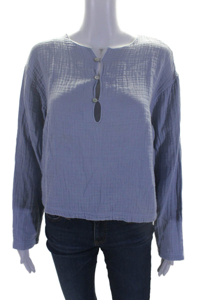 Donni Womens Cotton Textured Long Sleeved Buttoned Casual Shirt Blue Size XS