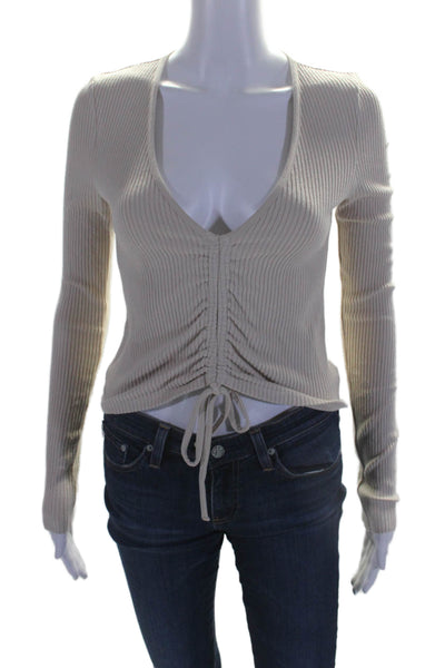 The Range Womens V Neck Long Sleeved Ruched Drawstring Shirt Beige Size XS