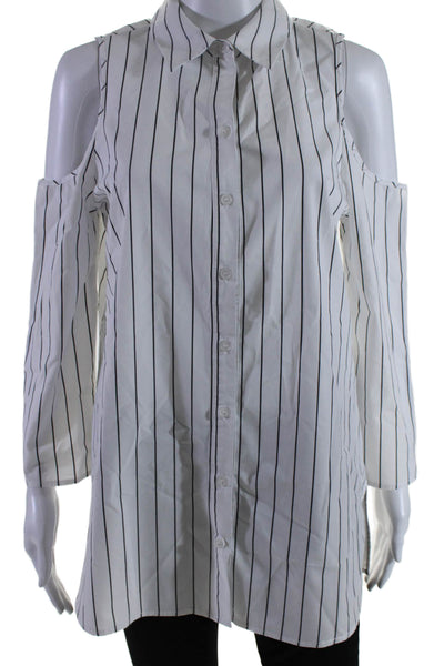 Neiman Marcus Womens Cotton Collar Button Up Stripped Blouse White Size M