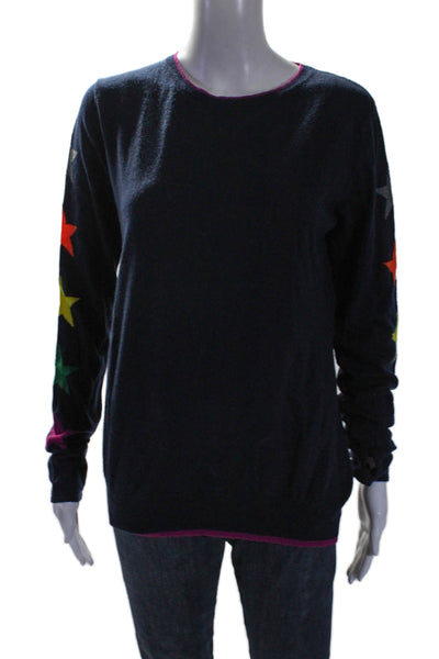 WYSE London Womens Wool Round Neck Long Sleeve Stars Sweater Navy Size 2