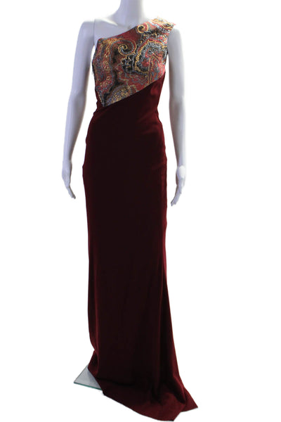 Badgley Mischka Women's Asymmetrical One Shoulder Maxi Dress Burgundy Size 0