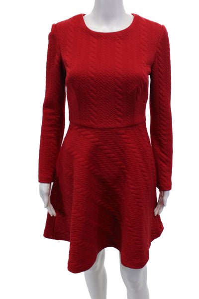 Betsey Johnson Womens Textured Long Sleeve Round Neck Zip A-line Dress Red Size