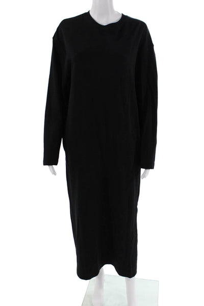 Zara Womens Cotton Crew Neck Long Sleeve Pocketed Sweater Dress Black