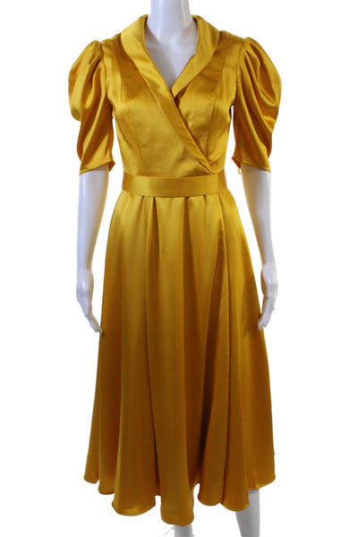 Mac Duggal Womens Fit & Flare Wrap Dress Yellow V-Neck 3/4 Sleeve Size