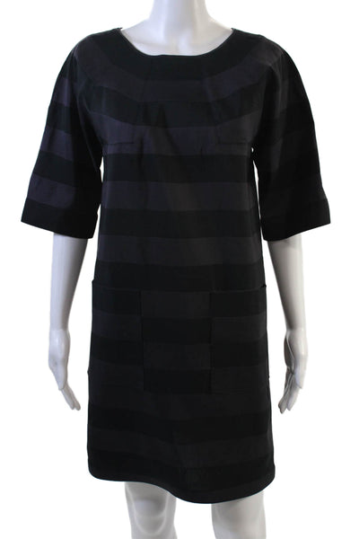 Lanvin Women Black Shift Dress 3/4 Sleeve Round Neck Striped Size 36