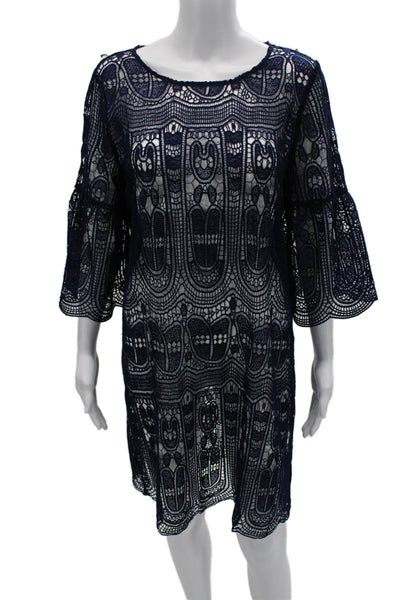 Le Gali Women Shift Dress Dark Blue Geometric 3/4 Sleeve Round Neck Size M Le Gali Women Shift Dress Dark Blue Geometric 3/4 Sleeve Round Neck Size M