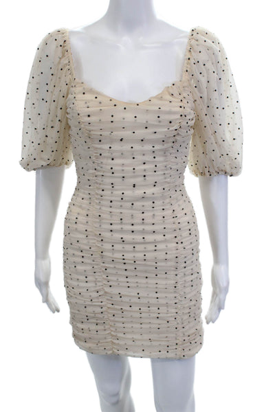 Zara Women Bodycon Mini Dress Beige Polka Dot Square Neck Hook Eye Siz