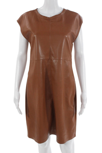 Melissa Nepton Womens Shift Dress Brown Polyurethane Crew Neck Petite Size S