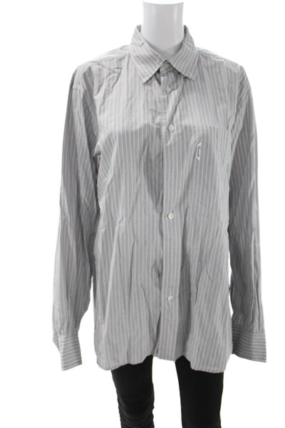 Faconnable Mens Dress Shirt Gray Striped Cotton Collared Long Sleeve Size 16