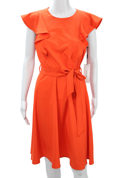 Calvin Klein Womens Fit & Flare Dress Orange Short Sleeve Tie Round Neck Size 4
