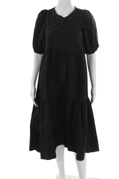 Zara Womens Trapeze Swing Midi Black Cotton V-Neck Half Sleeve Dress S