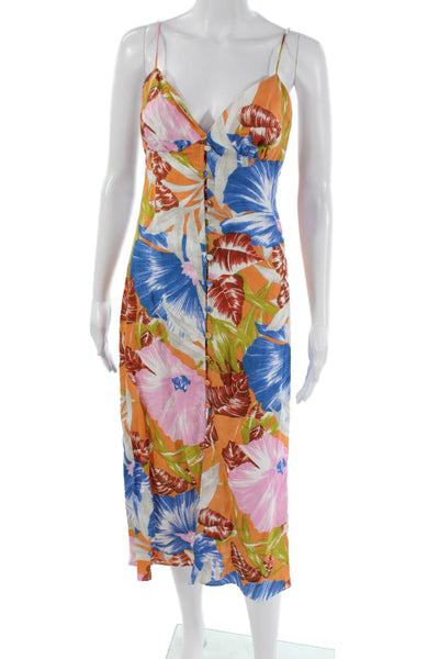 Zara Womens Maxi Floral V Neck Sleeveless Linen Cotton Dress Multicolo