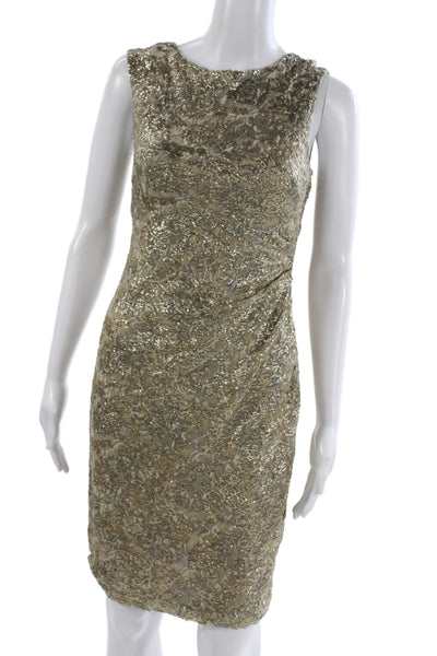 David Meister Women Gold Floral Sheath Dress Sleeveless Short Zip Size 2